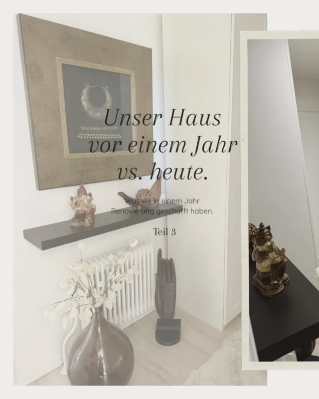 Wenn ich heute durch unser Haus gehe, vergesse ich manchmal, wie es am Anfang aussah und wie viel Arbeit und Zeit wir investiert haben, bis daraus unser jetziges Zuhause geworden ist.Wir sind beide keine Handwerker und es gab viele erste Male für uns bei der Renovierung. Der Herzmann kann jetzt auf jeden Fall Decken mit Trockenbauplatten verkleiden, ist ein wahrer Gipsprofi geworden und hat seine Leidenschaft für den Abriss von Deckenpaneelen entdeckt… Ich bin mittlerweile eine Pinselkünstlerin, Foliermeisterin und Möbelaufbauspezialistin. Gemeinsam haben wir gelernt, wie man Fußböden verlegt, Dübel in porösen Wänden mit viel Baukleber verankert oder Arbeitsplatten gerade auf Küchenschränken montiert, obwohl die Wände schief und krumm sind.Es ist nicht alles perfekt und unsere alte Lady nicht zu einer Luxusvilla geworden. Wir hatten und haben keine unbegrenzten Mittel zur Verfügung, sondern ein kleines Budget. Ein Profi hätte bestimmt das eine oder andere besser und professioneller hinbekommen. Aber wir sind stolz auf das, was wir geschafft haben und lieben unser Häuschen (was übrigens auf dänisch tatsächlich als Villa bezeichnet wird…)Man sagt ja, wenn man ein Haus hat, wird man nie ganz fertig. Diese Aussage kann ich bestätigen. Denn jetzt, wo im Innenbereich die großen Arbeiten erledigt sind, geht es im Außenbereich weiter. Und wenn der irgendwann so aussieht, wie ich es mir vorgestellt habe, fällt mir bestimmt noch einiges ein, was wir verändern könnten…..#interiør #interior #instahome #myhome #cozyhome @iic__official @solebich @couch_magazin Unseren Zwischenflur zum hinteren Teil des Hauses nutzen wir als Ankleidezimmer.Dieser Raum war vorher einfach nur ein Durchgang, jetzt hat er endlich eine Funktion und ist auch noch richtig schön geworden.Das Wort Trockenbau darf bei uns im Haus nicht mehr benutzt werden. Ich bin mit einer Trockenbauplatte im Zwischenflur (Ankleide) fast von der Leiter gefallen und habe dicke Tränen vergossen, weil ich körperlich an meine Grenzen gekommen bin.Dafür liebe ich das Ergebnis sehr!Das Badezimmer hat uns viele graue Haare, Blasen an den Händen und schmerzende Knochen beschert, bis es so aussah, wie